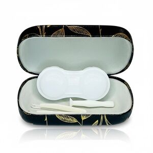 Dual Contact Lens and Eyeglasses Travel Case in Black and Gold Leaf Roses